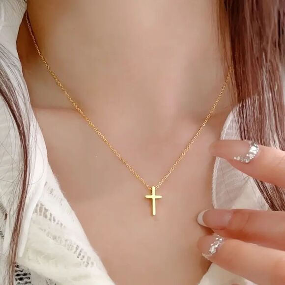 Cross Necklace Gold Minimalist Easter Dainty Cross Pendant Religious Baptism - Picture 2 of 8